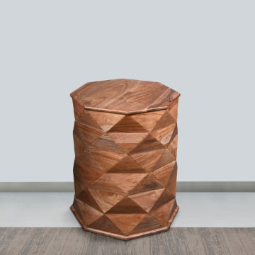 23 Inch Handcrafted Drum Side Accent Table with a Multifaceted Diamond Cut Design Natural Brown Acacia Wood - UPT-274766 UPT-274766