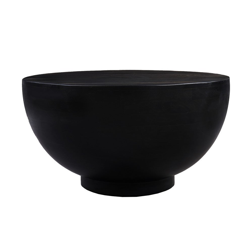 30 Inch Modern Art Coffee Table Round Drum Shape Solid Mango Wood Matte Black By The Urban Port UPT-276366