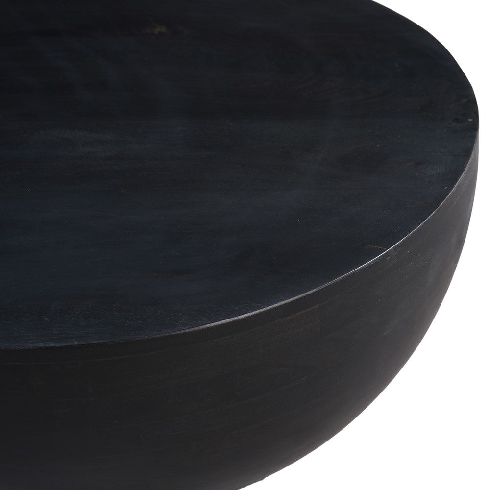 30 Inch Modern Art Coffee Table Round Drum Shape Solid Mango Wood Matte Black By The Urban Port UPT-276366