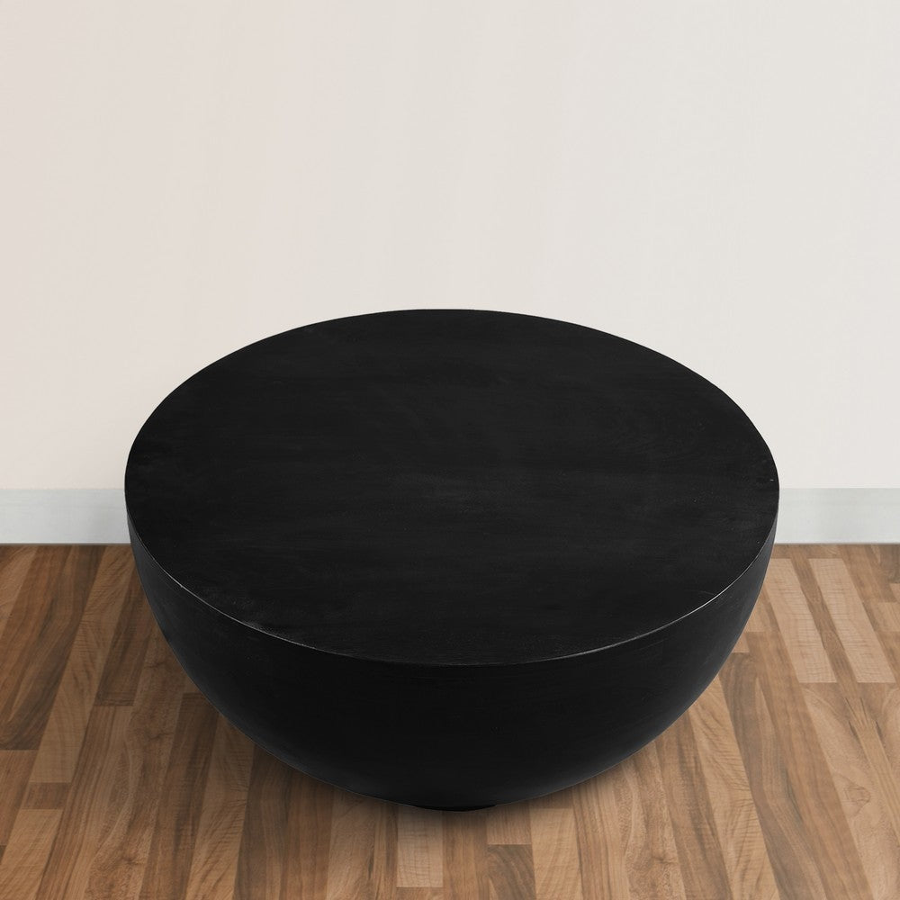 30 Inch Modern Art Coffee Table Round Drum Shape Solid Mango Wood Matte Black By The Urban Port UPT-276366