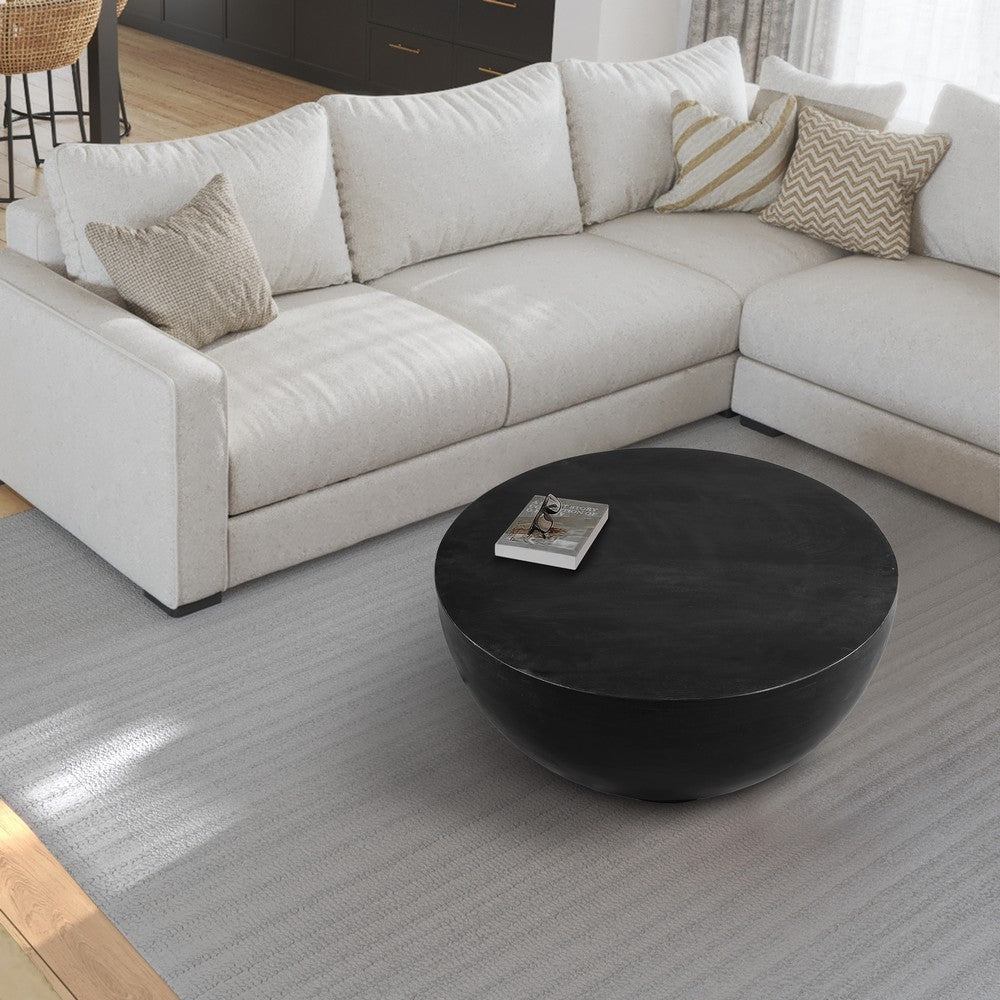 30 Inch Modern Art Coffee Table Round Drum Shape Solid Mango Wood Matte Black By The Urban Port UPT-276366