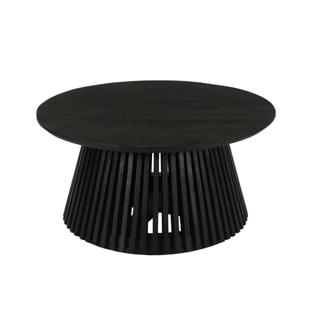 Ridge 32 Inch Handcrafted Round Coffee Table Mango Wood Slatted Flared Base Black By The Urban Port UPT-276558