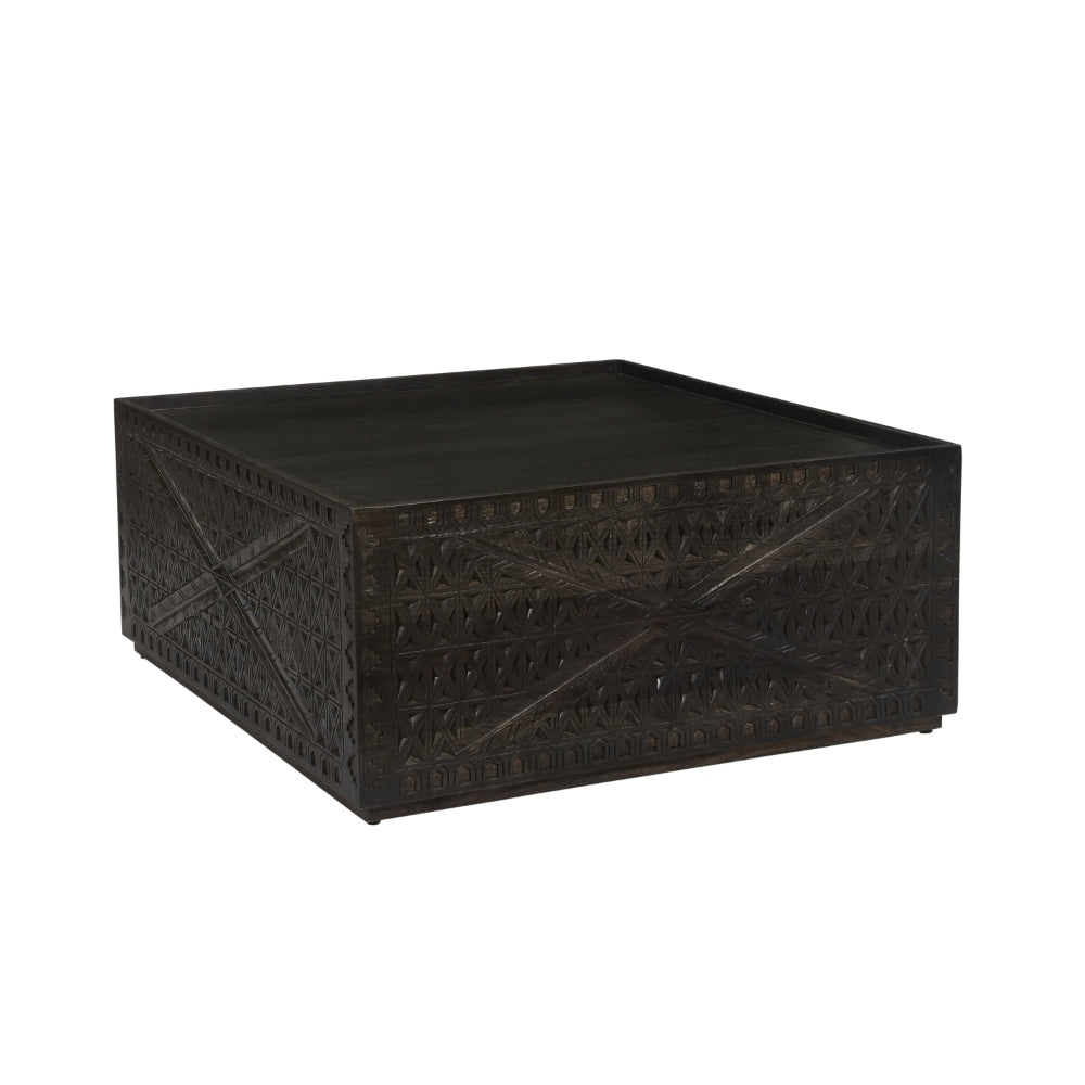 38 Inch Handcrafted Mango Wood Square Coffee Table Artisanal Carved Mesh Base Black By The Urban Port UPT-276562