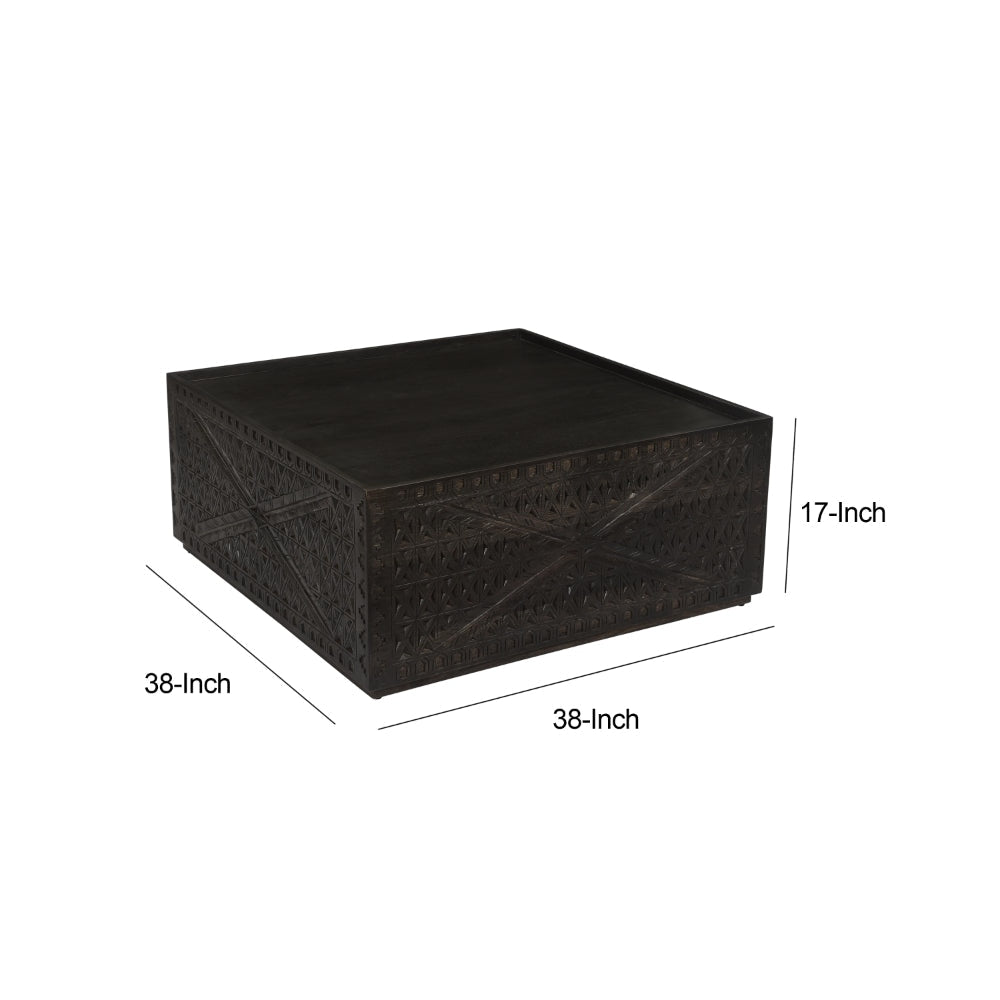 38 Inch Handcrafted Mango Wood Square Coffee Table Artisanal Carved Mesh Base Black By The Urban Port UPT-276562