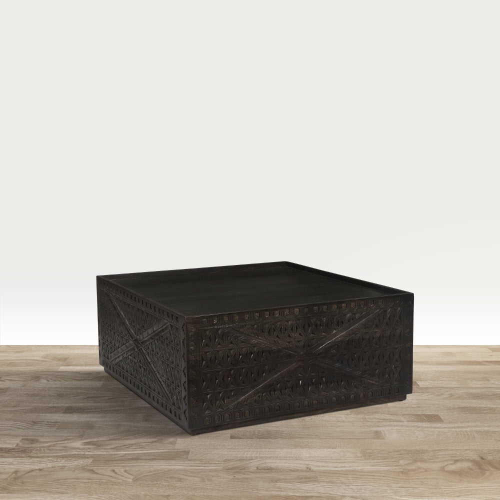 38 Inch Handcrafted Mango Wood Square Coffee Table Artisanal Carved Mesh Base Black By The Urban Port UPT-276562