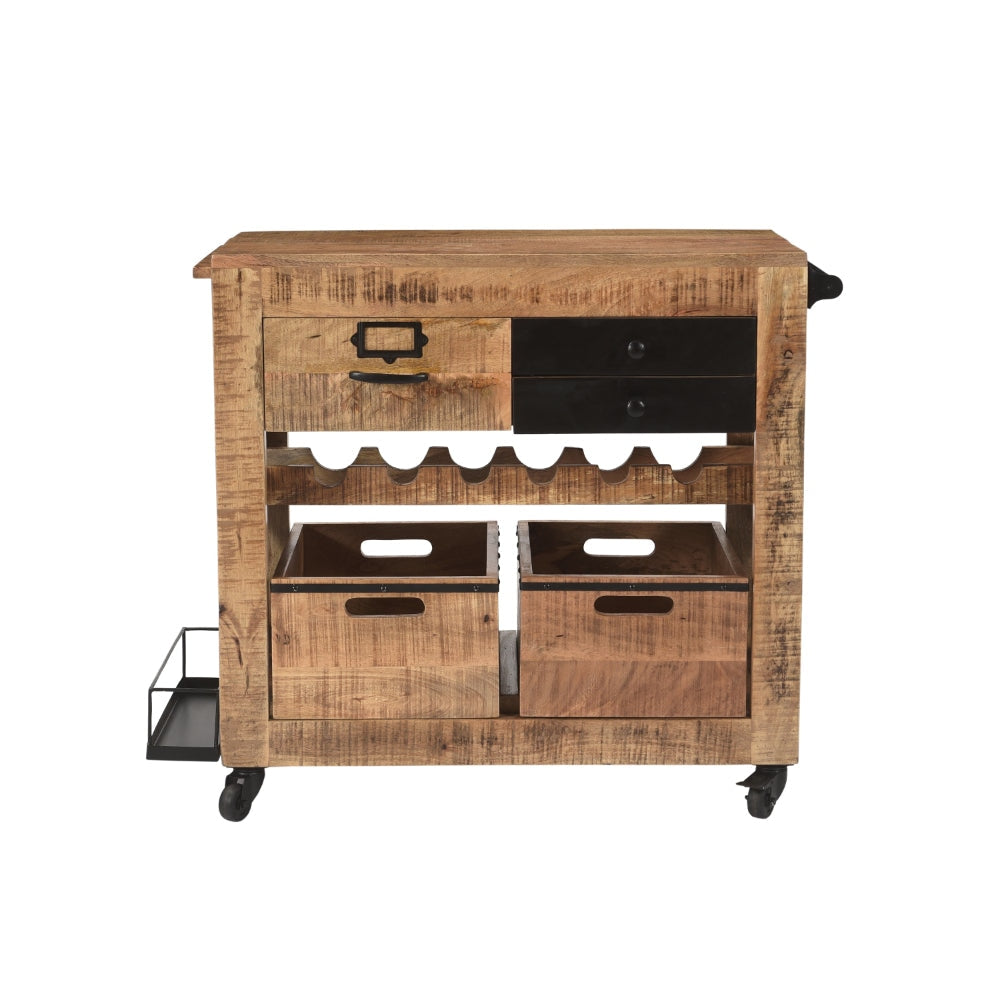 31 Inch Handcrafted Rustic Mango Wood Bar Cart Trolly with 3 Drawers and 6 Wine Bottle Holders By The Urban Port UPT-276564