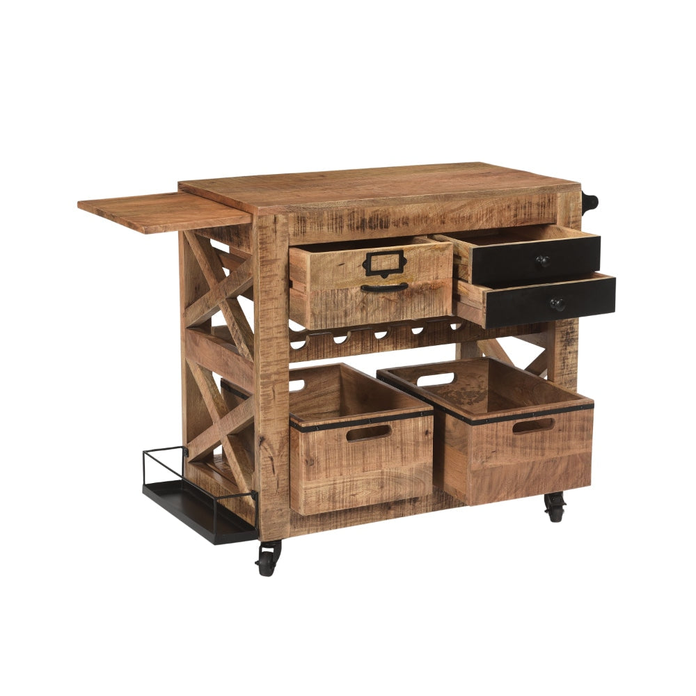 31 Inch Handcrafted Rustic Mango Wood Bar Cart Trolly with 3 Drawers and 6 Wine Bottle Holders By The Urban Port UPT-276564