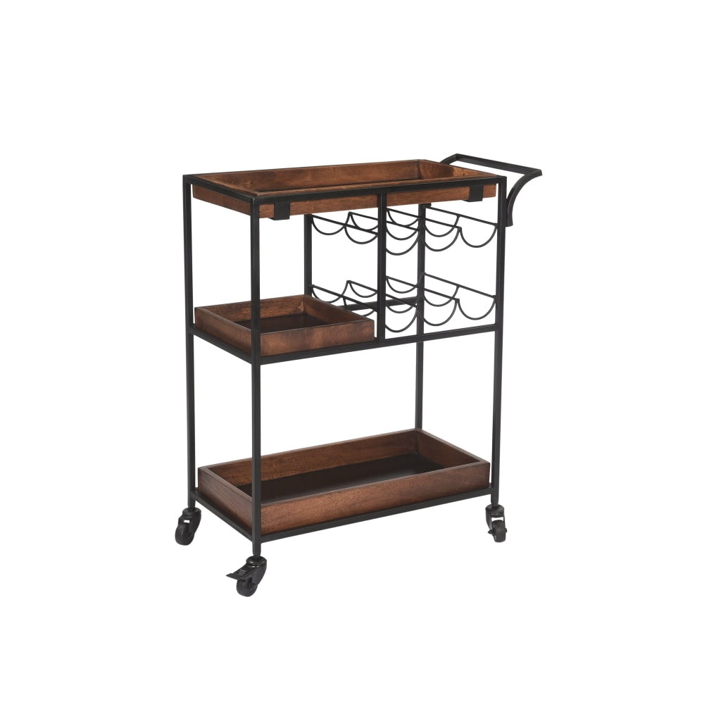 30 Inch Handcrafted Mango Wood Bar Serving Cart with Caster Wheels 6 Bottle Holders Tray Shelves Brown and Black By The Urban Port