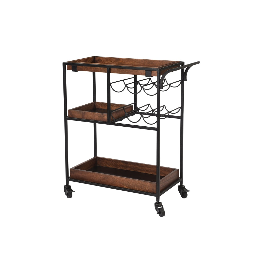 30 Inch Handcrafted Mango Wood Bar Serving Cart with Caster Wheels 6 Bottle Holders Tray Shelves Brown and Black By The Urban Port