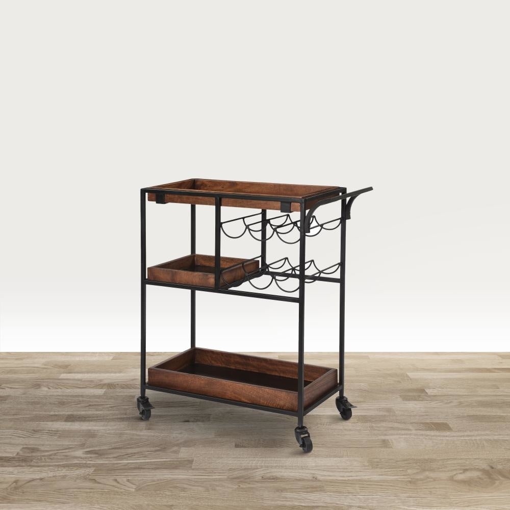 30 Inch Handcrafted Mango Wood Bar Serving Cart with Caster Wheels 6 Bottle Holders Tray Shelves Brown and Black By The Urban Port