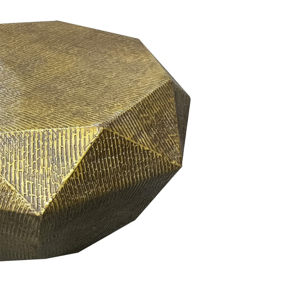 36 Inch Diamond Shape Drum Coffee Table Octagon Top Faceted Textured Sides Aluminum Antique Brass By The Urban Port UPT-276797