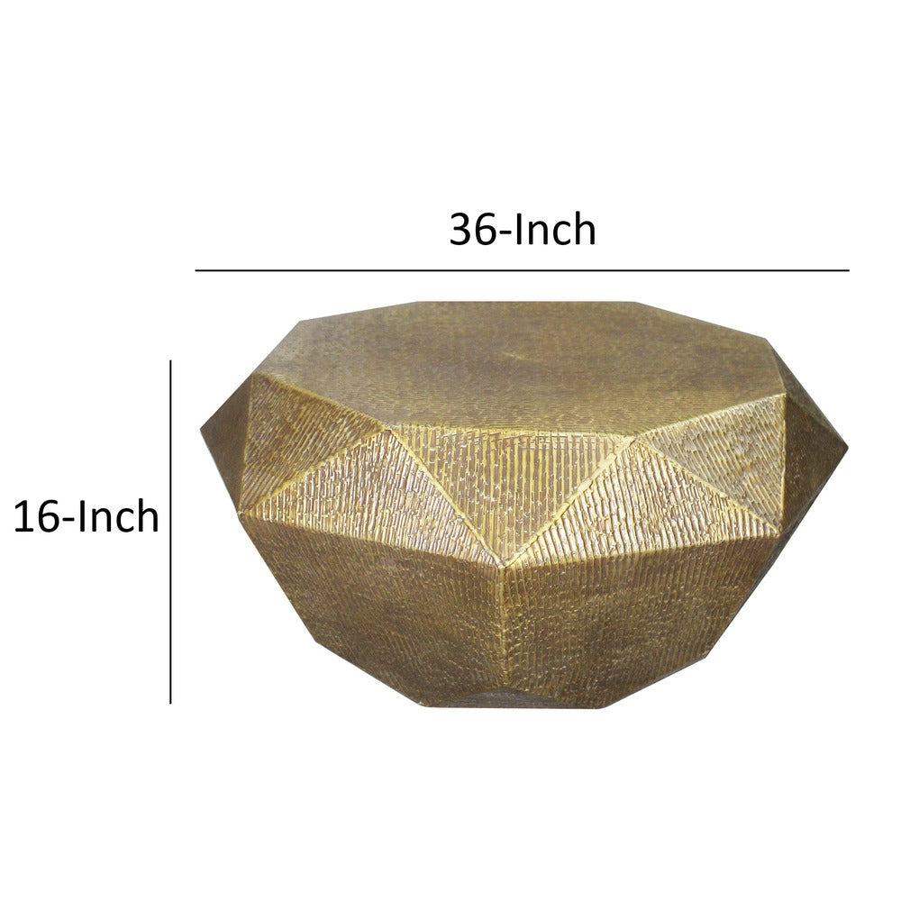 36 Inch Diamond Shape Drum Coffee Table Octagon Top Faceted Textured Sides Aluminum Antique Brass By The Urban Port UPT-276797