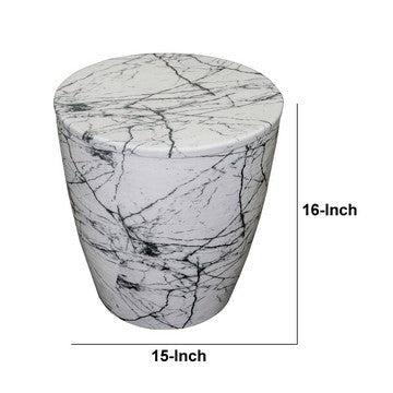 16 Inch Round Accent Side Table Aluminum Sheet Faux Marble Enamel Coating White By The Urban Port UPT-276799