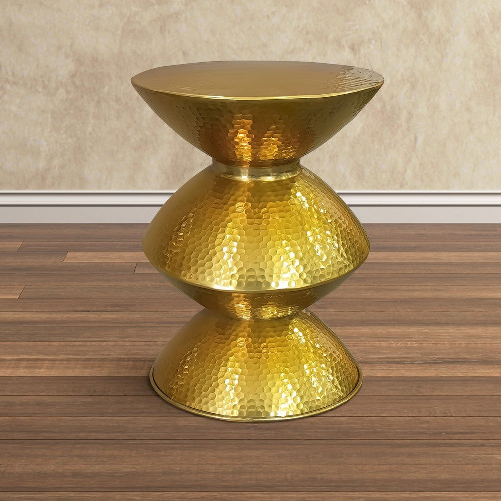 21 Inch Round Aluminum Side End Table Hammered Embossed Metal Surface Turned Pedestal Base Gold Brass Finish By The Urban Port UPT-276800