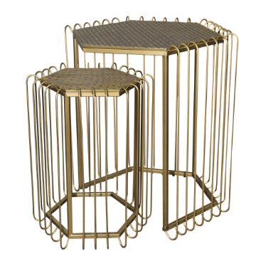 22 19 Inch 2 Piece Nesting End Side Table Set Hexagonal Top Wire Frame Metal Antique Brass By The Urban Port UPT-276802