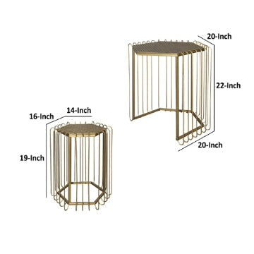 22 19 Inch 2 Piece Nesting End Side Table Set Hexagonal Top Wire Frame Metal Antique Brass By The Urban Port UPT-276802