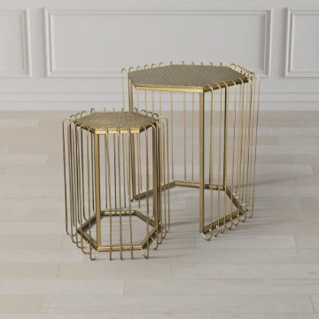 22 19 Inch 2 Piece Nesting End Side Table Set Hexagonal Top Wire Frame Metal Antique Brass By The Urban Port UPT-276802