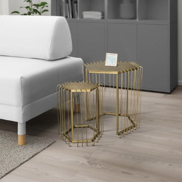 22 19 Inch 2 Piece Nesting End Side Table Set Hexagonal Top Wire Frame Metal Antique Brass By The Urban Port UPT-276802