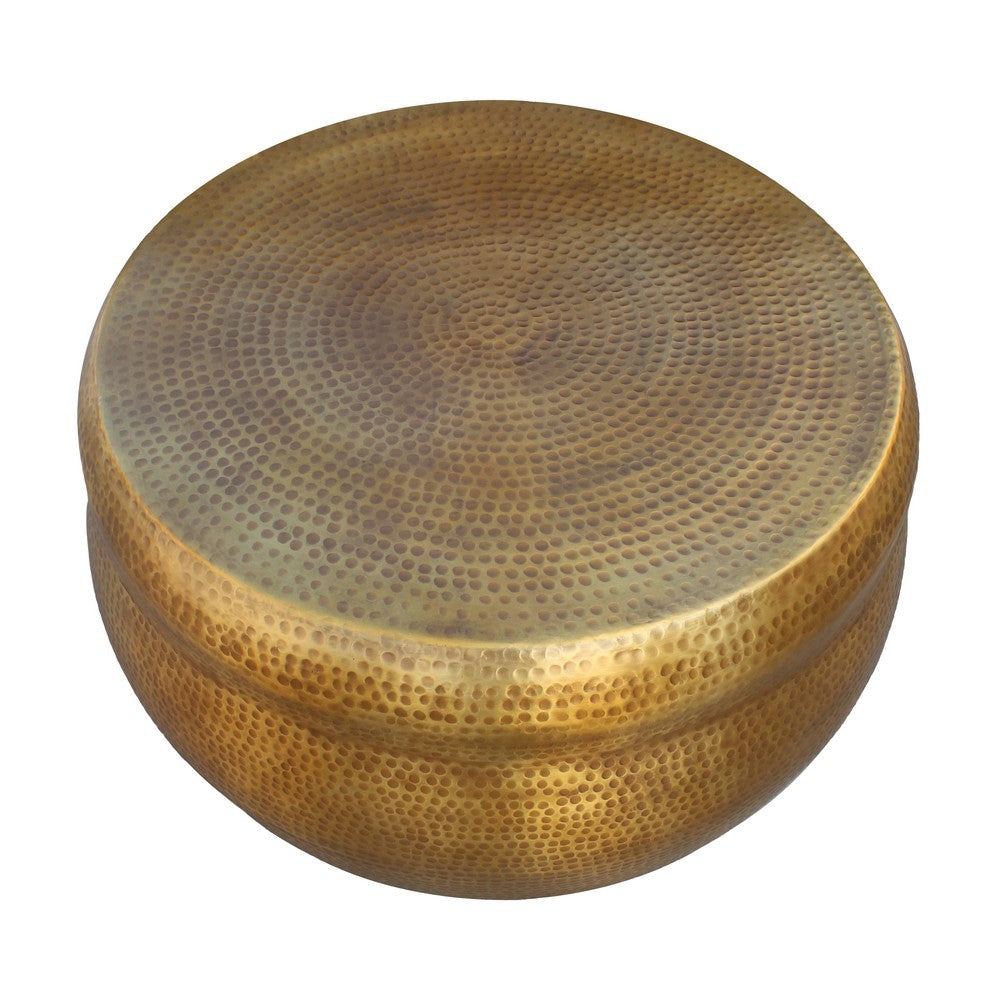 32 Inch Artisanal Round Drum Coffee Table Hammered Embossed Texturing Aluminum Antique Brass By The Urban Port UPT-276805