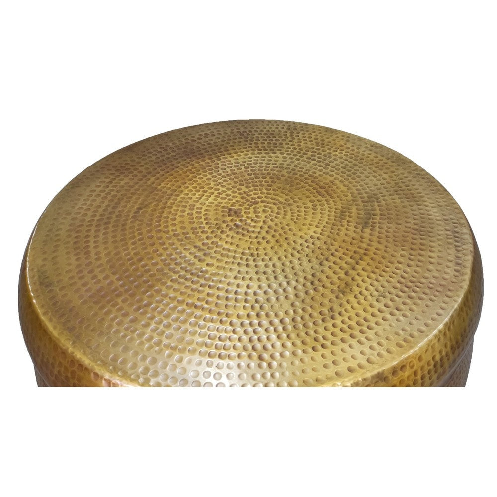 32 Inch Artisanal Round Drum Coffee Table Hammered Embossed Texturing Aluminum Antique Brass By The Urban Port UPT-276805