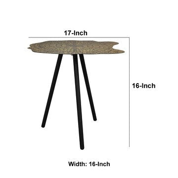 16 Inch Iron Accent End Table Abstract Tabletop Artisanal Engravings Antique Brass Black By The Urban Port UPT-276806