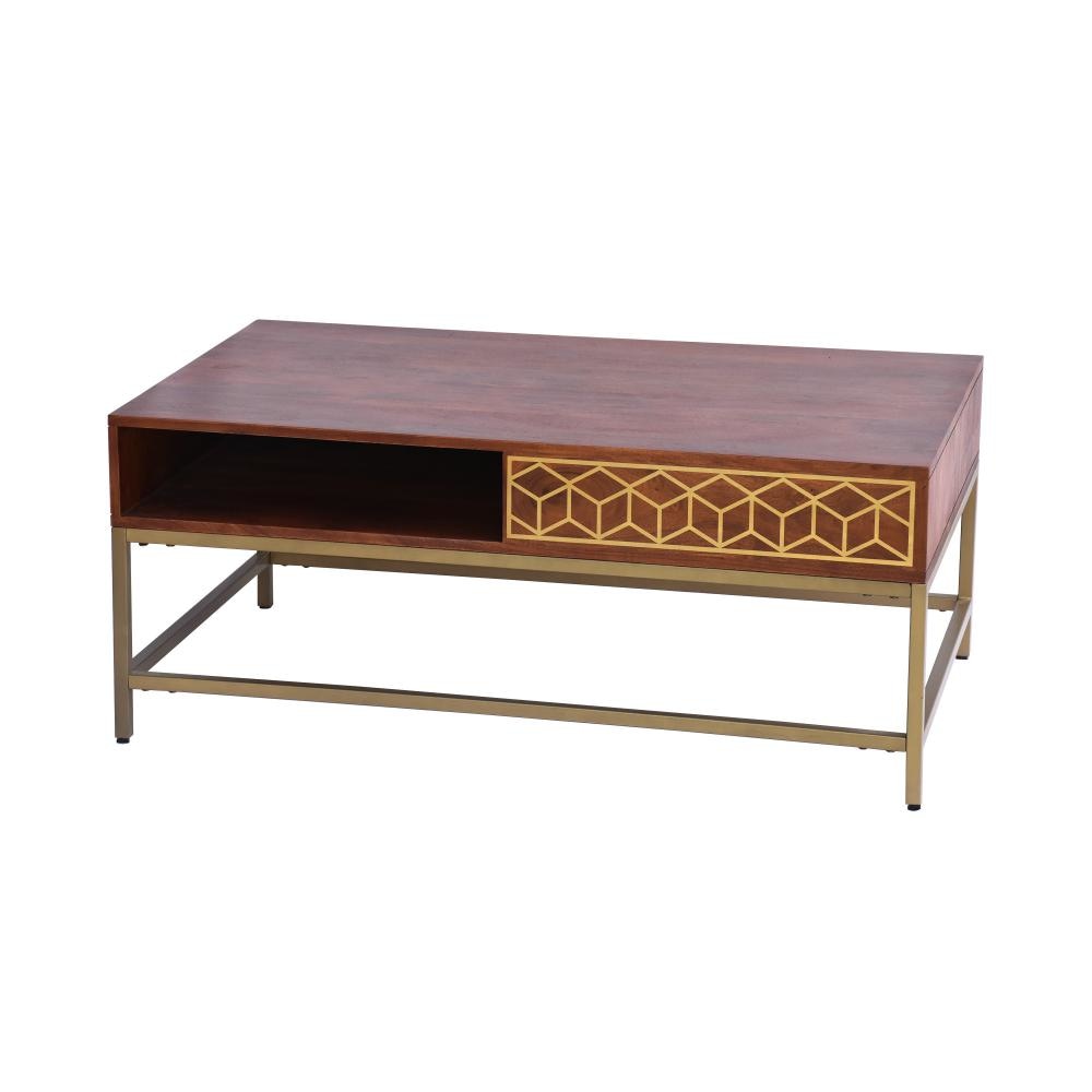 Kalyn 43 Inch Acacia Wood Coffee Table Geometric Design Print 1 Open Compartment Natural Brown Brass By The Urban Port UPT-276808