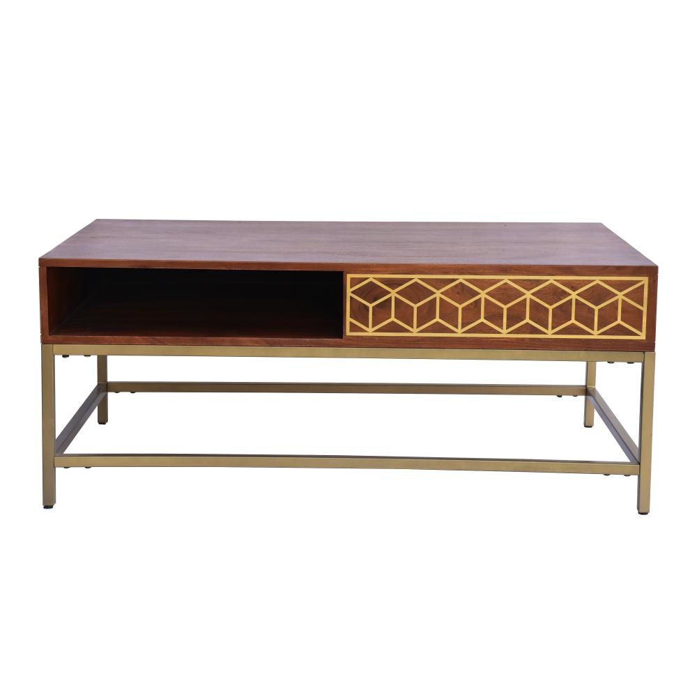 Kalyn 43 Inch Acacia Wood Coffee Table Geometric Design Print 1 Open Compartment Natural Brown Brass By The Urban Port UPT-276808