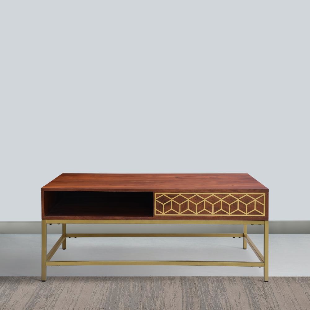 Kalyn 43 Inch Acacia Wood Coffee Table Geometric Design Print 1 Open Compartment Natural Brown Brass By The Urban Port UPT-276808