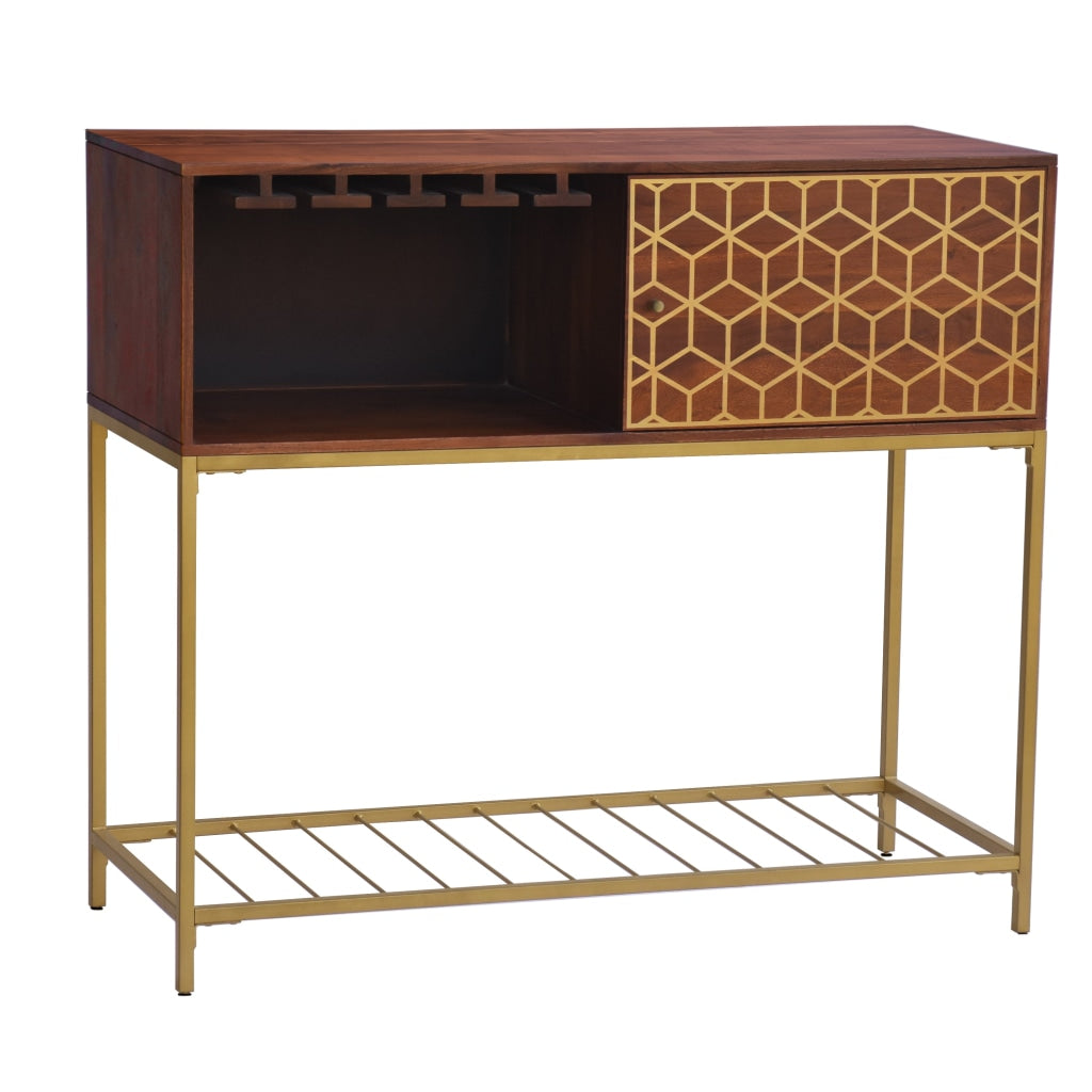 Kalyn 48 Inch Acacia Wood Bar Cabinet 1 Door Metal Frame Geometric Screen Print Brown Brass By The Urban Port UPT-276809