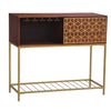 Kalyn 48 Inch Acacia Wood Bar Cabinet 1 Door Metal Frame Geometric Screen Print Brown Brass By The Urban Port UPT-276809