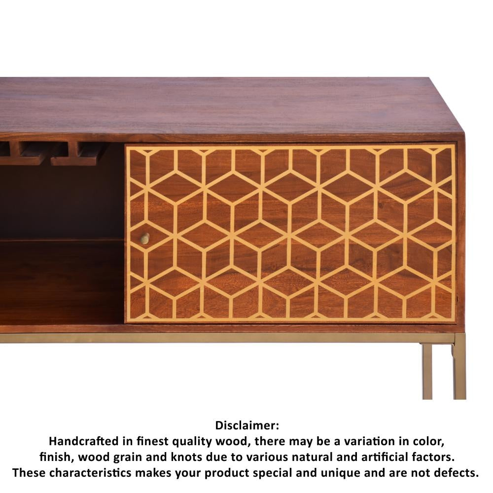 Kalyn 48 Inch Acacia Wood Bar Cabinet 1 Door Metal Frame Geometric Screen Print Brown Brass By The Urban Port UPT-276809