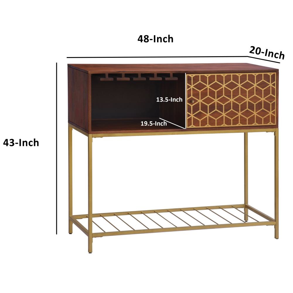 Kalyn 48 Inch Acacia Wood Bar Cabinet 1 Door Metal Frame Geometric Screen Print Brown Brass By The Urban Port UPT-276809