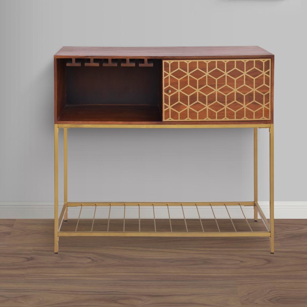 Kalyn 48 Inch Acacia Wood Bar Cabinet 1 Door Metal Frame Geometric Screen Print Brown Brass By The Urban Port UPT-276809