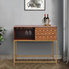 Kalyn 48 Inch Acacia Wood Bar Cabinet, 1 Door, Metal Frame, Geometric Screen Printed Design, Brown, Brass By The Urban Port