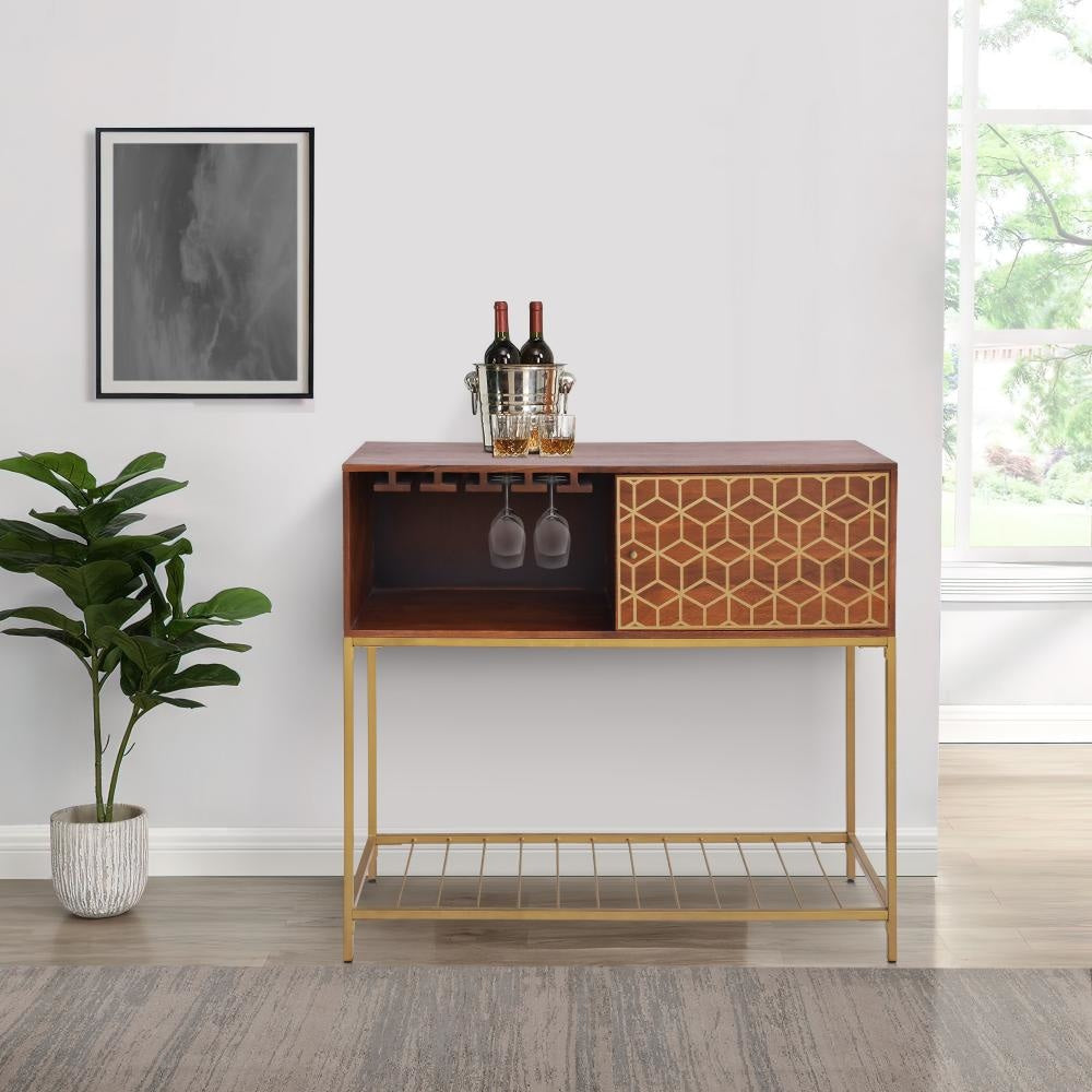 Kalyn 48 Inch Acacia Wood Bar Cabinet 1 Door Metal Frame Geometric Screen Print Brown Brass By The Urban Port UPT-276809