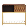 Kalyn 48 Inch Acacia Wood Bar Cabinet 1 Door Metal Frame Geometric Screen Print Brown Brass By The Urban Port UPT-276809