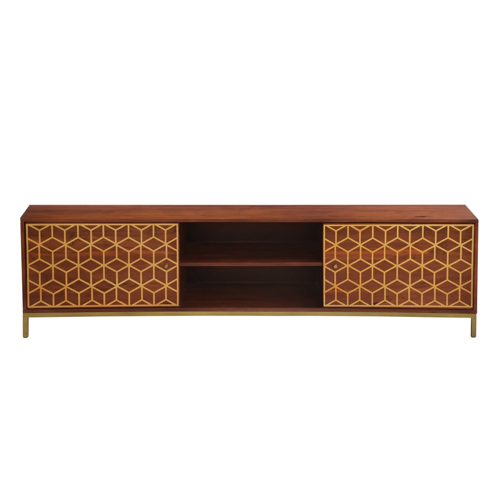 Kalyn 75 Inch Handcrafted TV Media Console Entertainment Center 2 Doors Center Shelf Geometric Design Print Brown Acacia Wood Brass