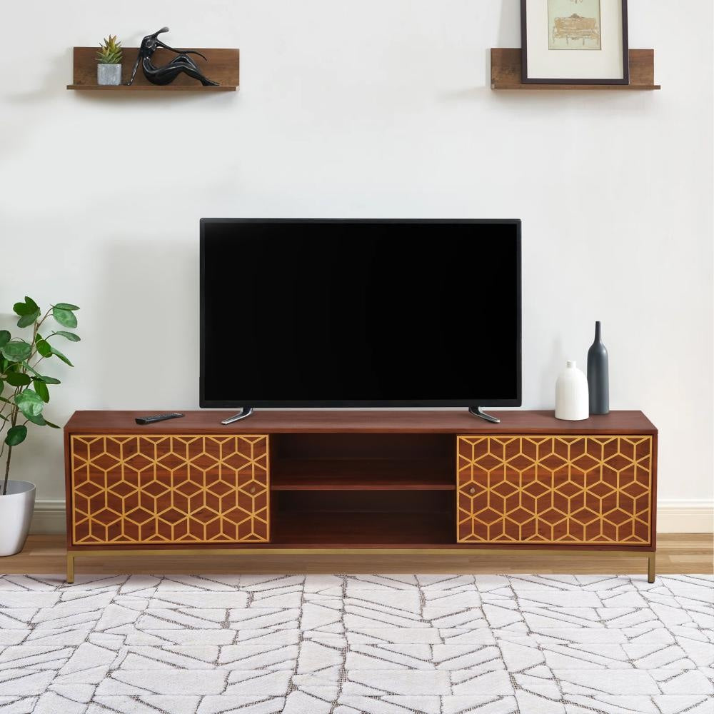 Kalyn 75 Inch Handcrafted TV Media Console Entertainment Center 2 Doors Center Shelf Geometric Design Print Brown Acacia Wood Brass