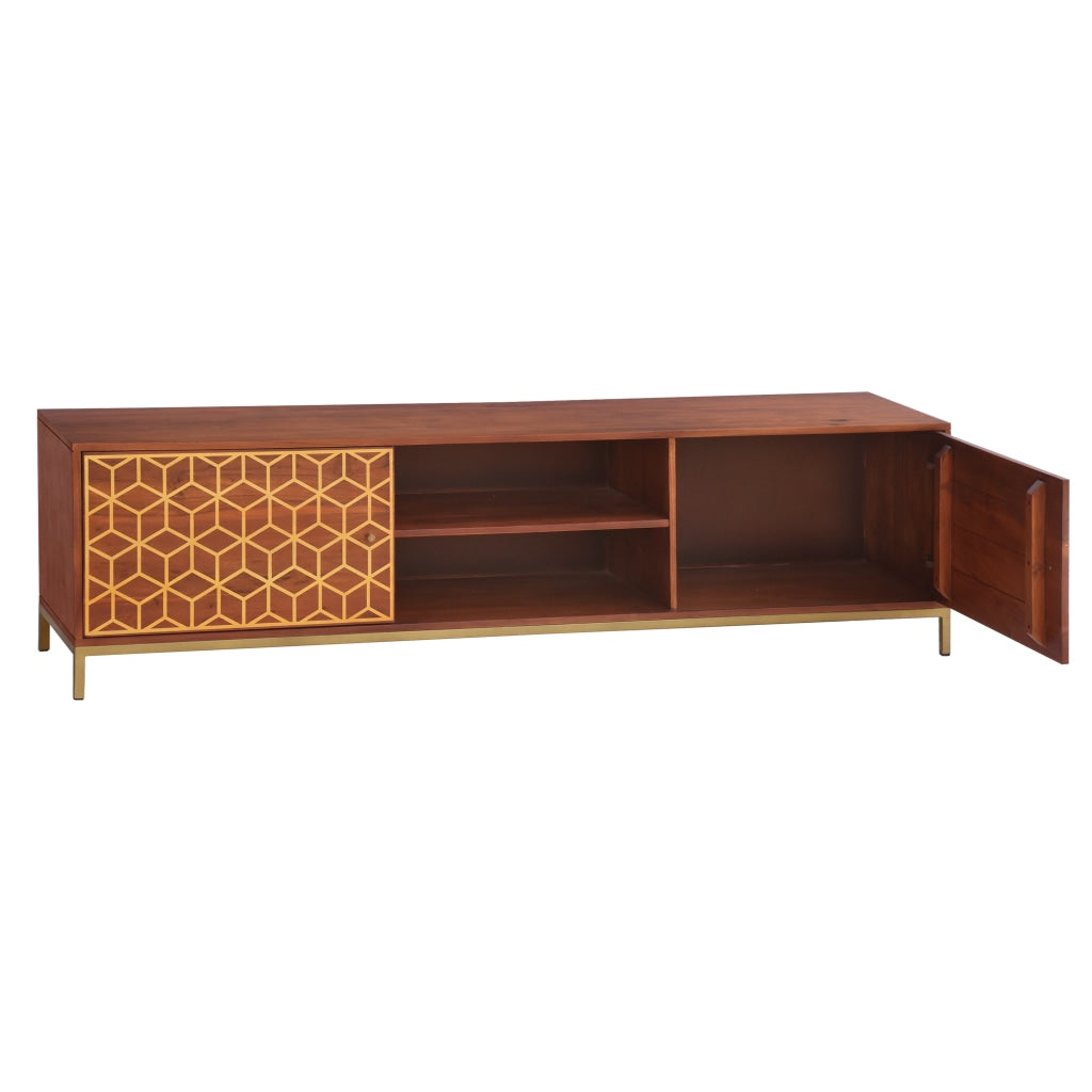 Kalyn 75 Inch Handcrafted TV Media Console Entertainment Center 2 Doors Center Shelf Geometric Design Print Brown Acacia Wood Brass