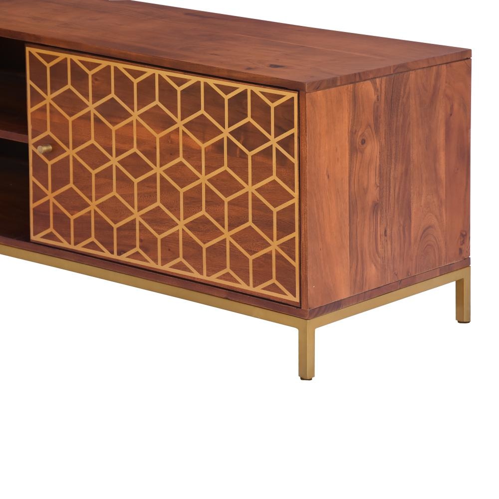 Kalyn 75 Inch Handcrafted TV Media Console Entertainment Center 2 Doors Center Shelf Geometric Design Print Brown Acacia Wood Brass