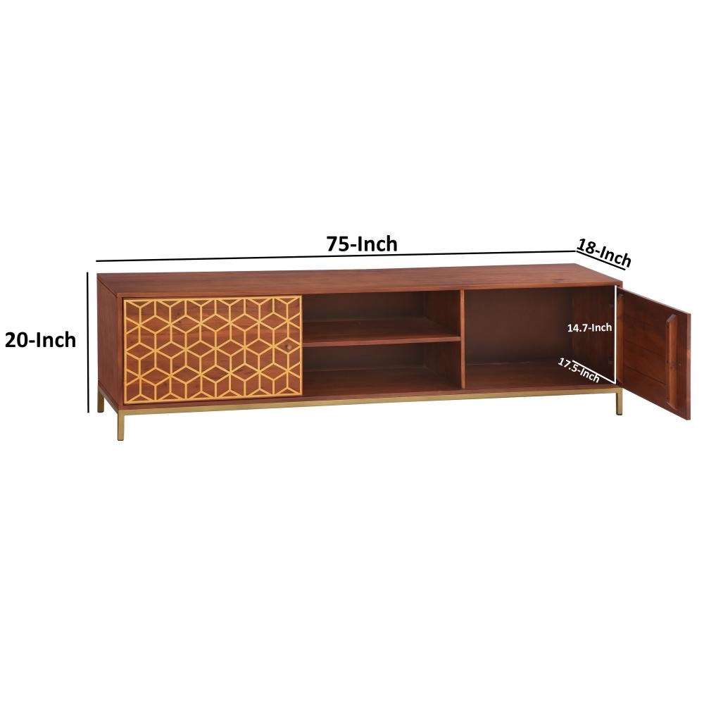 Kalyn 75 Inch Handcrafted TV Media Console Entertainment Center 2 Doors Center Shelf Geometric Design Print Brown Acacia Wood Brass