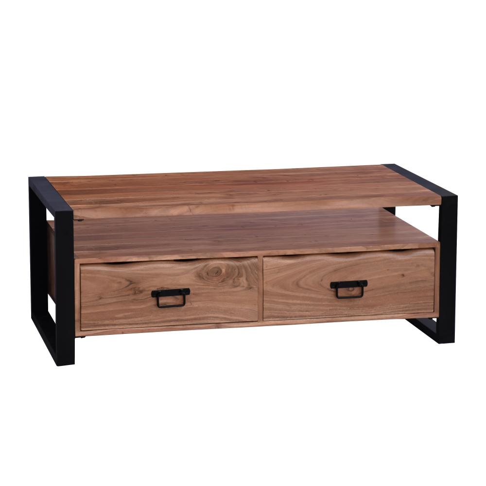 47 Inch Handcrafted Coffee Table with Live Edge Detailing 2 Drawers Open Center Compartment Black Iron Frame Brown Acacia Wood By The Urban