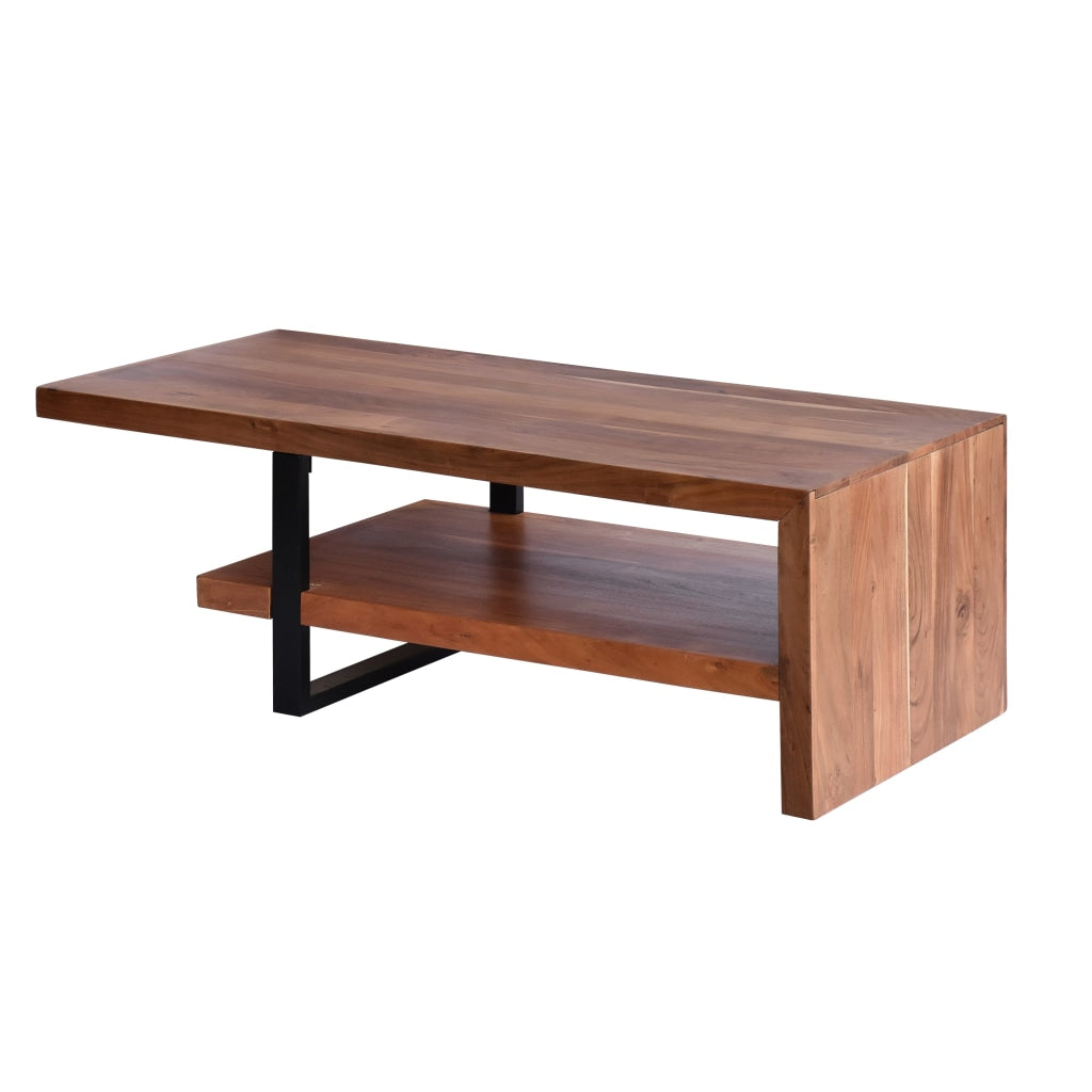 52 Inch Handcrafted Live Edge Coffee Table Black Iron Frame Brown Acacia Wood By The Urban Port UPT-276812