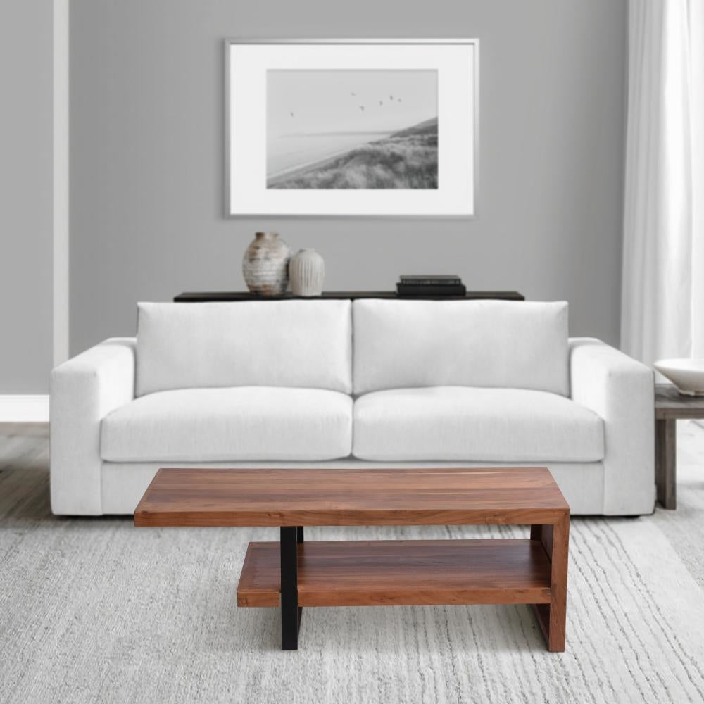 52 Inch Handcrafted Live Edge Coffee Table Black Iron Frame Brown Acacia Wood By The Urban Port UPT-276812