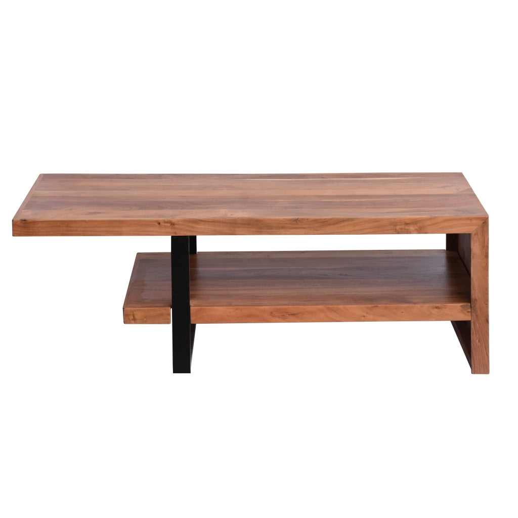 52 Inch Handcrafted Live Edge Coffee Table Black Iron Frame Brown Acacia Wood By The Urban Port UPT-276812