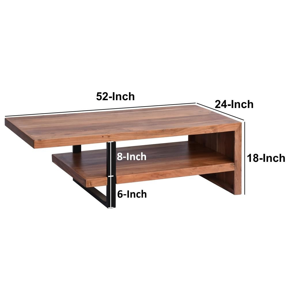 52 Inch Handcrafted Live Edge Coffee Table Black Iron Frame Brown Acacia Wood By The Urban Port UPT-276812