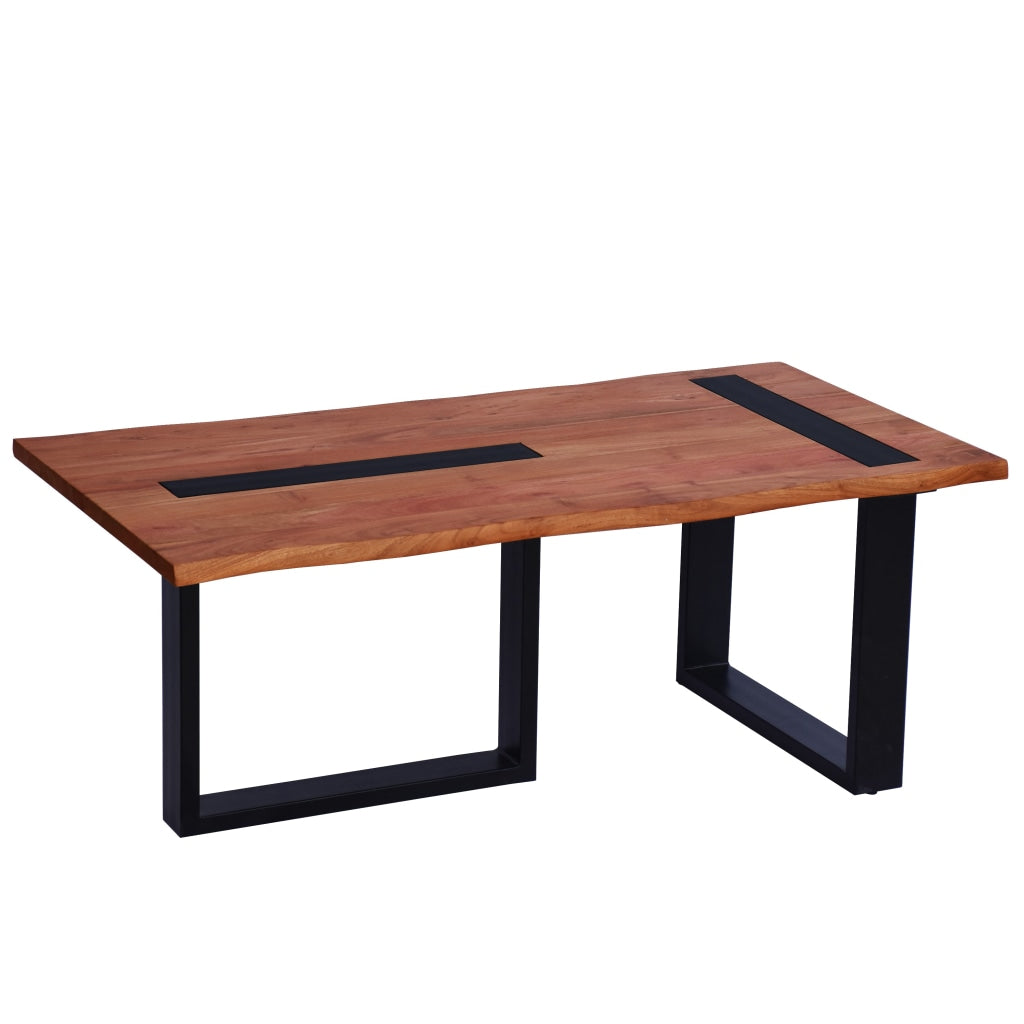 Fiona 45 Inch Farmhouse Coffee Table Acacia Wood Rectangular Metal Frame Natural Brown Black By The Urban Port UPT-276814