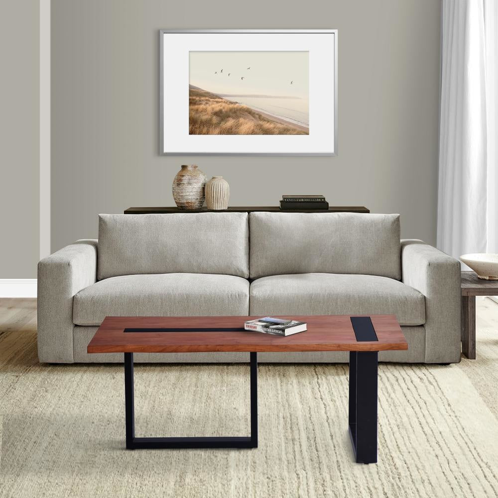 Fiona 45 Inch Farmhouse Coffee Table Acacia Wood, Rectangular, Metal Frame, Natural Brown, Black By The Urban Port