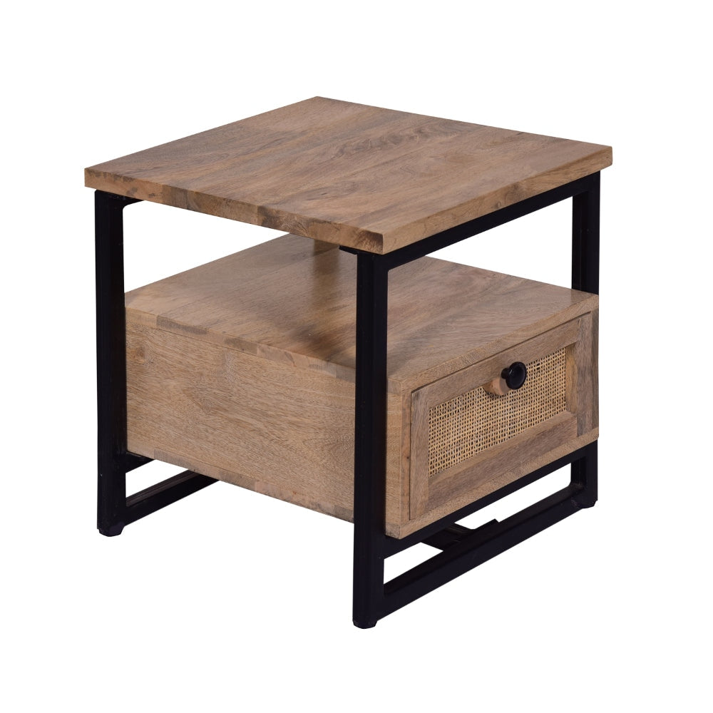 18 Inch Nightstand End Table 1 Drawer Open Storage Natural Brown Mango Wood with a Rectangular Black Iron Frame By The Urban Port UPT-277212