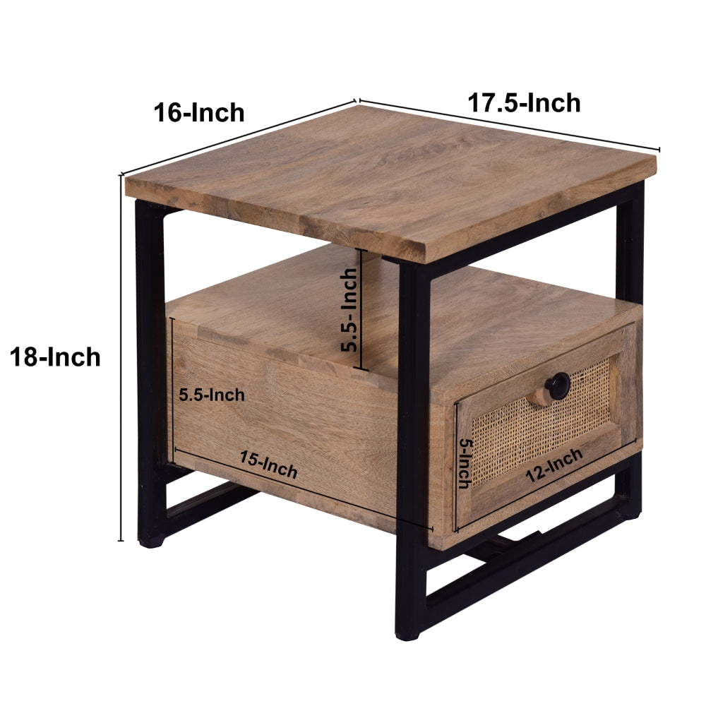 18 Inch Nightstand End Table 1 Drawer Open Storage Natural Brown Mango Wood with a Rectangular Black Iron Frame By The Urban Port UPT-277212